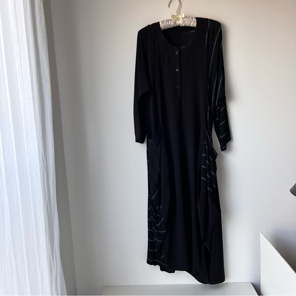 Heydari Dress Womens (M/L) Wearable Art Black Grey Stripe Midi Pockets Lagenlook - Picture 12 of 14